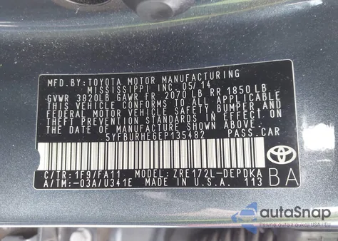 2014 Toyota Corolla L from USA, damaged, VIN 5YFBURHE6EP135482